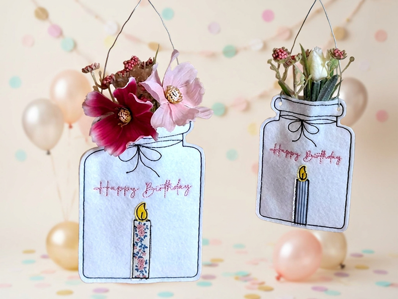 Vase mit Kerze Happy Birthday Wunscherfüller - ITH-Stickdatei
